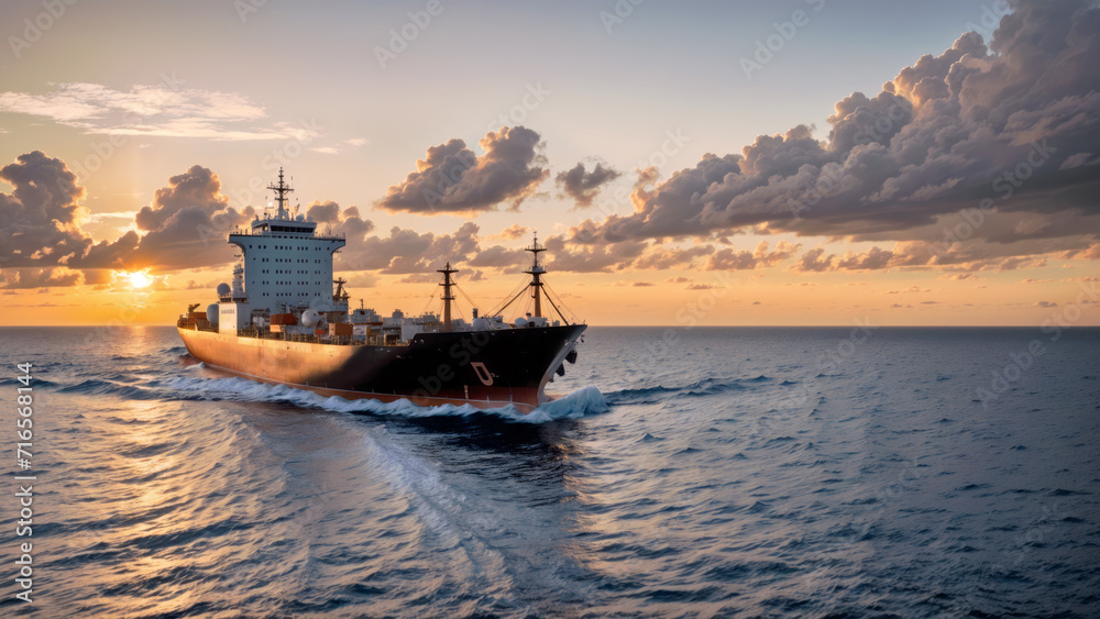 Seascape with container ship on sunset background. AI Seascape with container ship on sunset background. AI