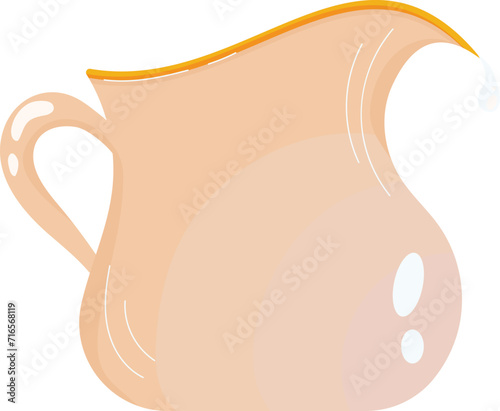 Beige pitcher with spilling milk. Ceramic jug with flowing liquid on white background vector illustration.