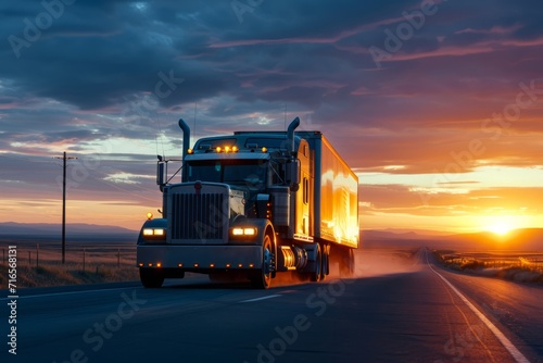 Sunset Power: Big Rig Truck on High-Speed Road Wallpaper and Design, Generative AI