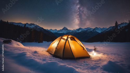 Beautiful winter nature landscape under the shining stars of the milky way night sky with snowy mountains in the background. A pitched tent, Camping in the snowy mountains on a Expedition
