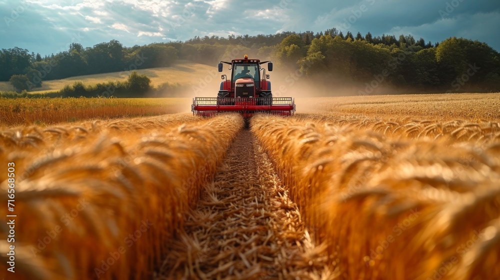 Obraz premium Moissonneuse-batteuse rouge dans un champ de blé doré : Paysage rural productif