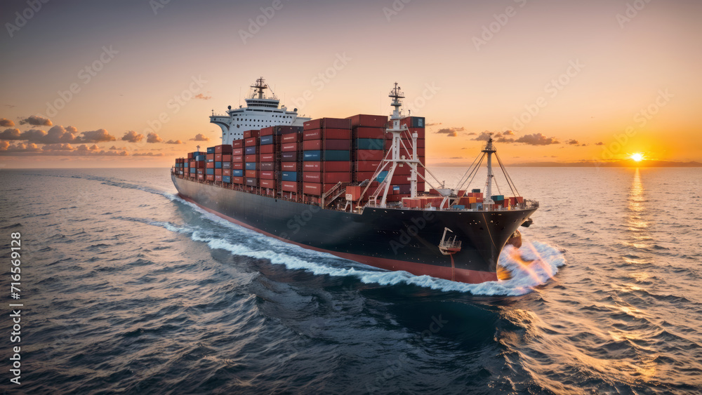 Fototapeta premium Seascape with container ship on sunset background. AI