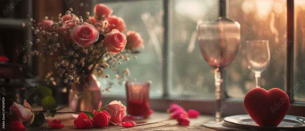Ein romantisches Bild mit Rosen und Herzen am Fenster auf einem Tisch am Valentinstag zeigt Liebe