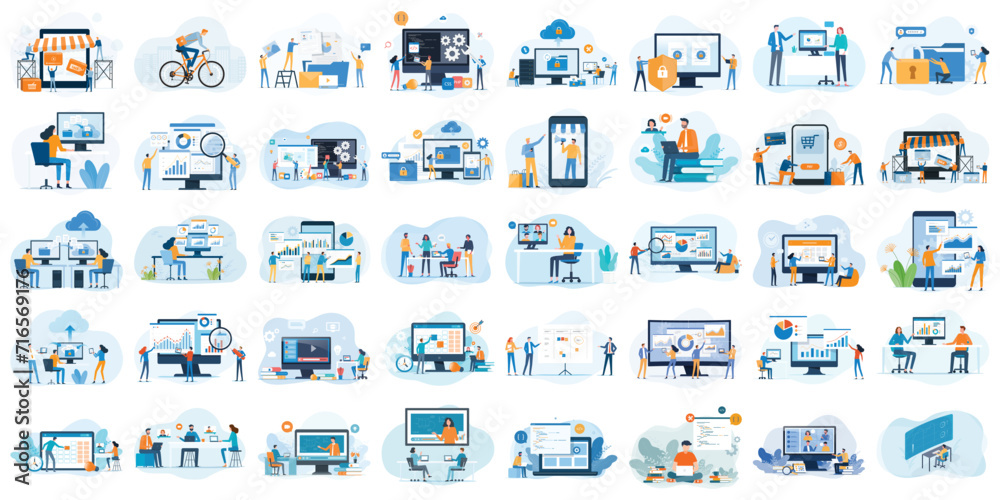 set business flat  vector illustration design style concept. for graphic and web page banners. cartoon character design. team online video conference meeting. business planning. data analytics 
 - obrazy, fototapety, plakaty 