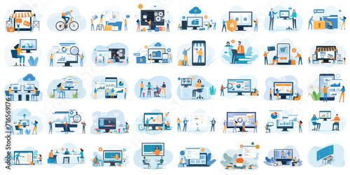set business flat  vector illustration design style concept. for graphic and web page banners. cartoon character design. team online video conference meeting. business planning. data analytics 
 photo