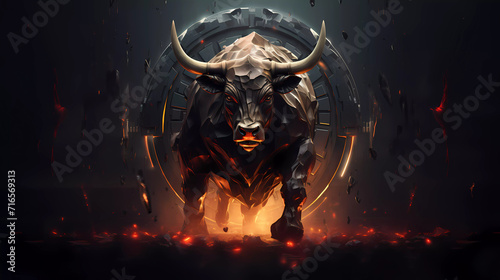 A bull with a bitcoin on it's back in a dark room with a bitcoin coming out of it