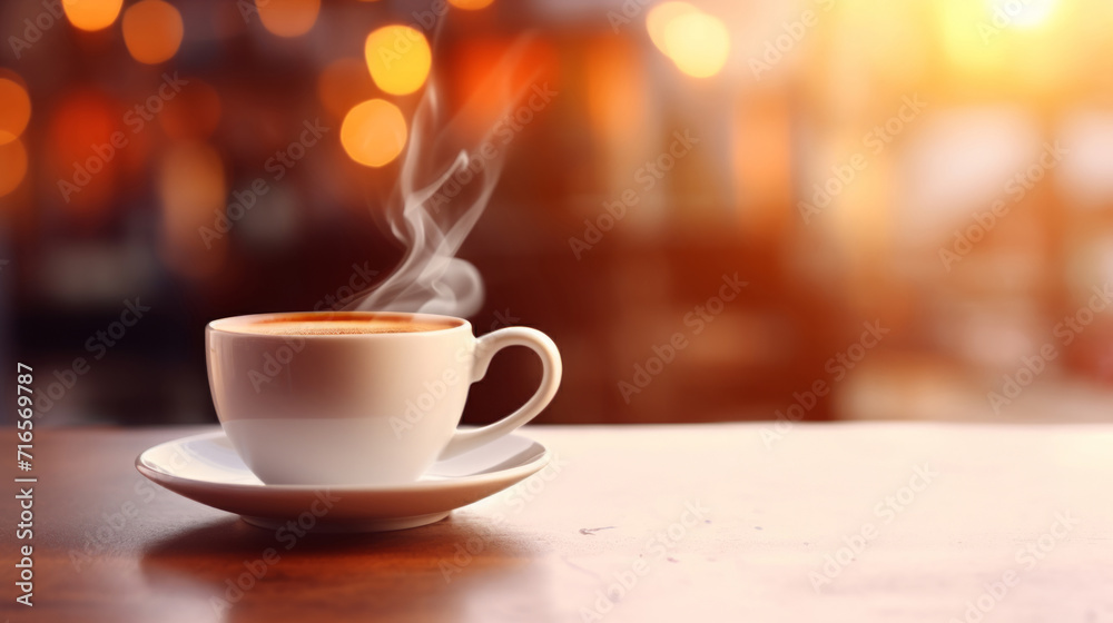 Cup of coffee with steam on bar counter in a cozy cafe Cup of coffee with steam on bar counter in a cozy cafe