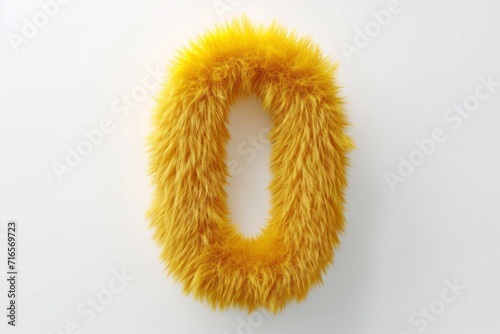 Cute yellow number 0 or zero as fur shape, short hair, white background, 3D illusion, storybook style