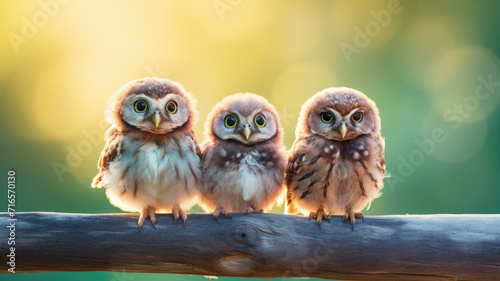 three small owlets on tree