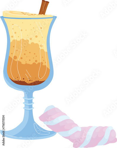 Glass of apple cider with cinnamon stick, fluffy twisted marshmallow candy. Cozy winter drink, holiday treats vector illustration.