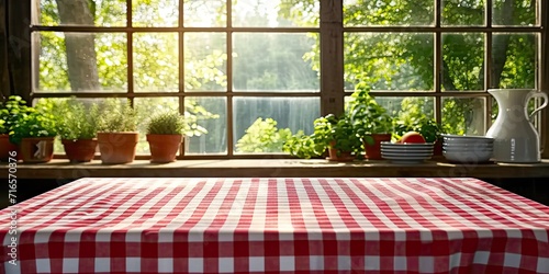 Empty tablecloth draped over table background setting of kitchen or picnic cloth atop backdrop of wooden design fabric ready for display of food space on tabletop for restaurant setting in summer photo