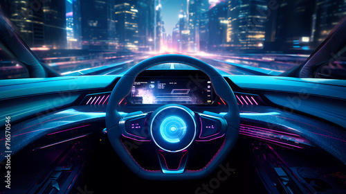 A car dashboard with a digital display and a steering wheel wheel © junaid