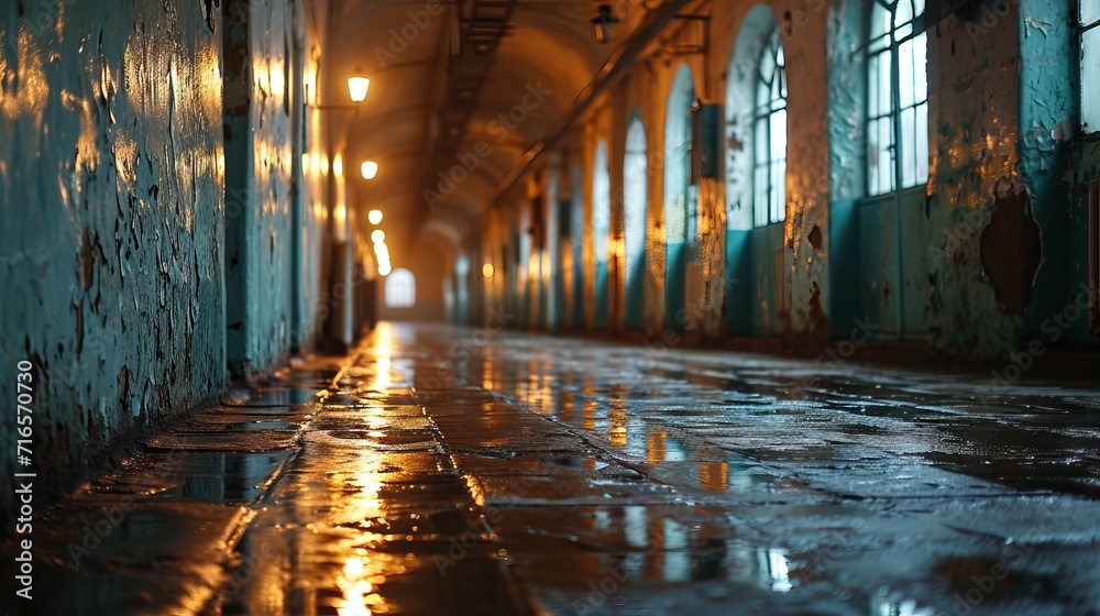 a long abandoned corridor with peeling blue and yellow walls and a ...