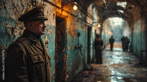 A scene from an ancient corridor with military figures, one of whom is highlighted in profile in the foreground, emphasizing the tense atmosphere and historical context.