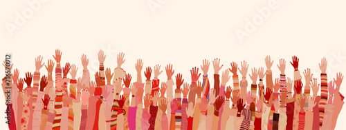 Many raised hands and arms of multicultural women. International Women’s day. Equality Allyship. Female social community of diverse culture. Empowerment or inclusion.Banner copy space