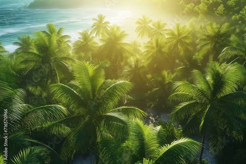 Aerial view of tropical green palm trees forest by the ocean beach in sunlight © Darya Lavinskaya