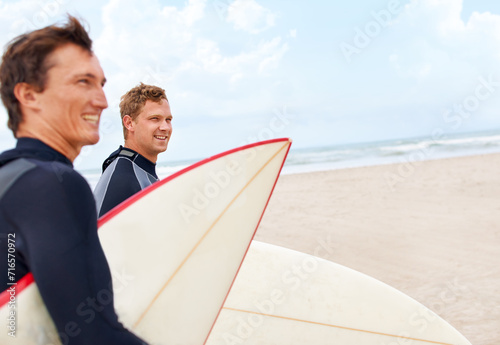 Surfboard, happy or friends waiting at beach on holiday on vacation or adventure for fitness or travel. Ready, people or surfers at sea on holiday in ocean in Hawaii for wellness or extreme sports