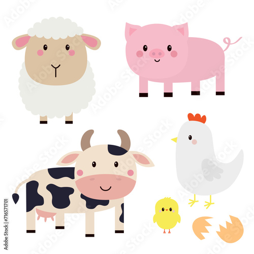 Farm animal set. Cow  sheep  pig  hen chicken  egg icon. Cute round face head. Cartoon kawaii funny baby character. Nursery decoration. Kids education. Flat design. White background. Isolated.