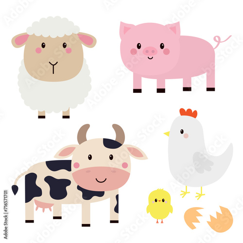 Farm animal set. Cow, sheep, pig, hen chicken, egg icon. Cute round face head. Cartoon kawaii funny baby character. Nursery decoration. Kids education. Flat design. White background. Isolated.