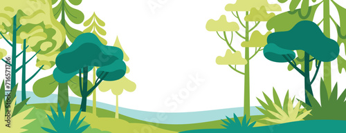 Vector illustration in trendy flat simple style - spring and summer background with copy space for text - landscape with plants, leaves, flowers - background for banner