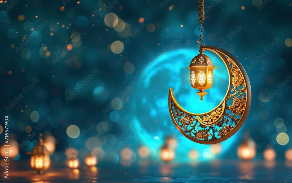 crescent blue moons with lamp realistic eid mubarak, muslim islamic lanterns hanging. bokeh and blureed ramadan background with copy space crescent blue moons with lamp realistic eid mubarak, muslim islamic lanterns hanging. bokeh and blureed ramadan background with copy space