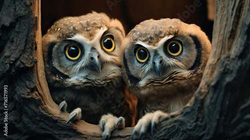 Two great horned owls on a tree branch created with Generative AI technology photo