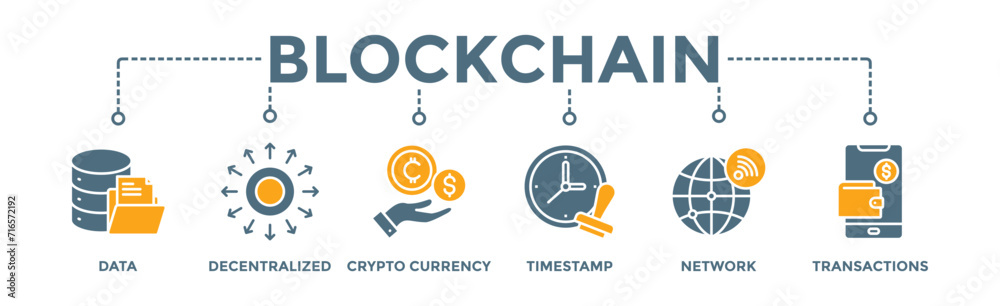 Blockchain banner web icon vector illustration concept with icon of data, decentralized, crypto currency, timestamp, network and transactions