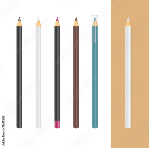 Set of make up color pencils for eyes, eyebrows, lips. Vector illustration isolated on white background. Ready and simple to use for your design. EPS10.