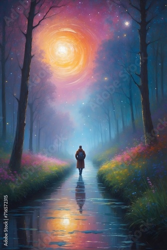 Painting of a Person Walking Down a Path at Night. Generative AI. © theartofphoto