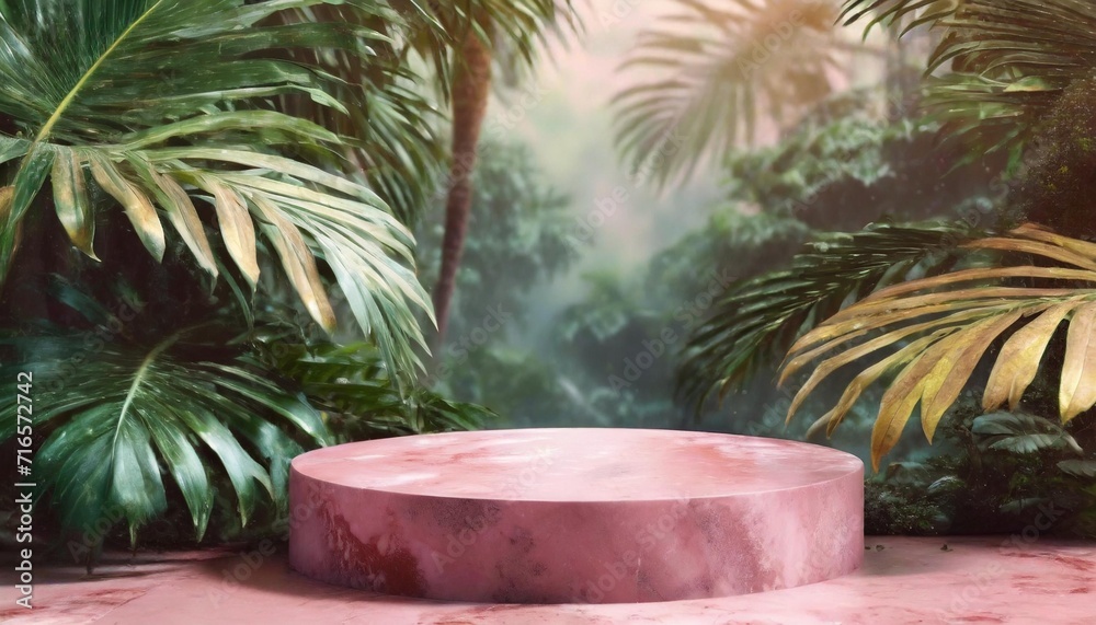 Jungle podium with pink marble background, tropical leaves, pink circular podium, Minimal product display template showcase mockup background, copy space for advertising background Jungle podium with pink marble background, tropical leaves, pink circular podium, Minimal product display template showcase mockup background, copy space for advertising background