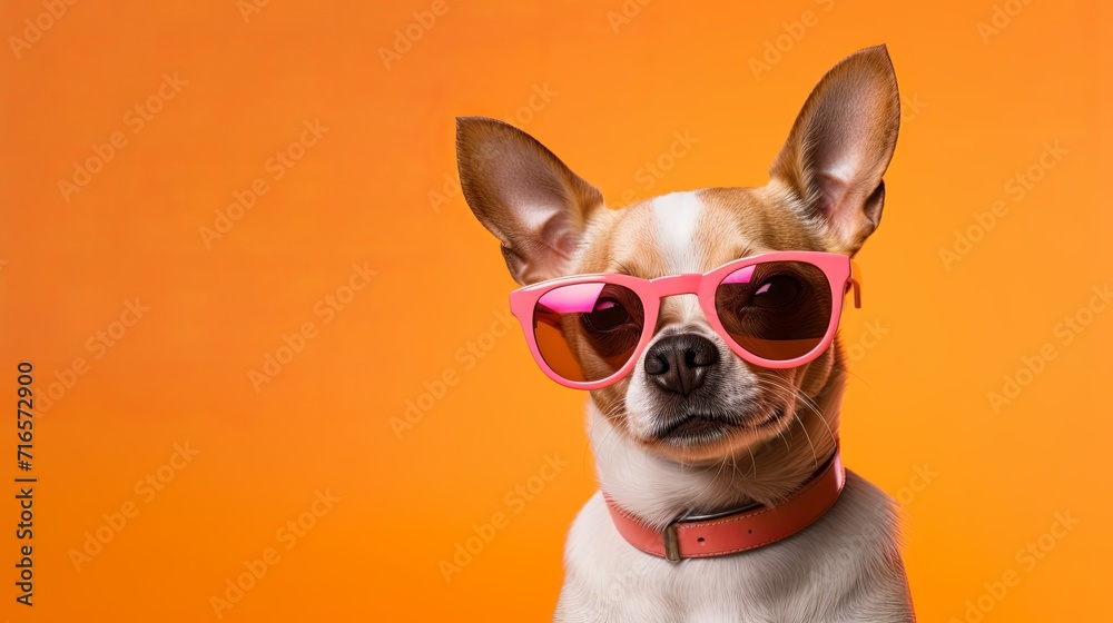 Small dog with pink sunglasses and an orange background