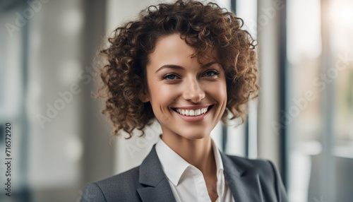 Close up portrait of a smiling businesswoman with curly hair