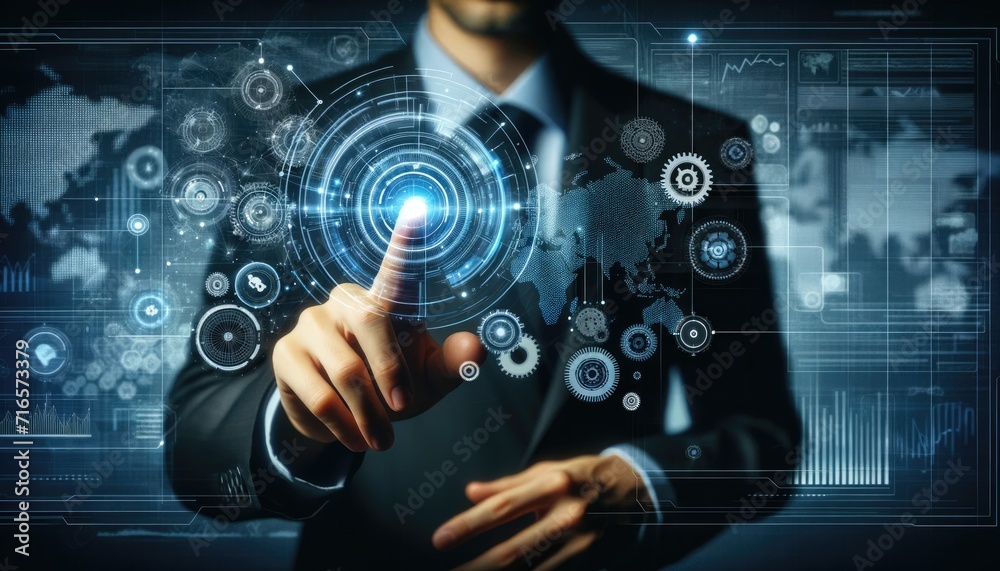 A businessman touches a high-tech holographic interface displaying gears and data analytics, symbolizing modern business solutions. A businessman touches a high-tech holographic interface displaying gears and data analytics, symbolizing modern business solutions.