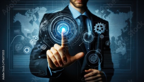 A businessman touches a high-tech holographic interface displaying gears and data analytics, symbolizing modern business solutions.