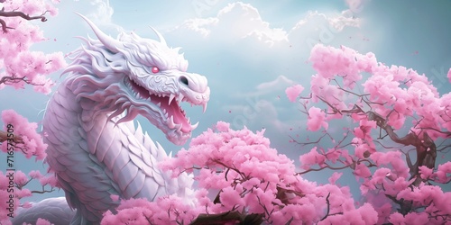 Traditional Asian dragon  3D illustration. Fantasy dragon in the sky  pink clouds  background with cherry flowers  copy space