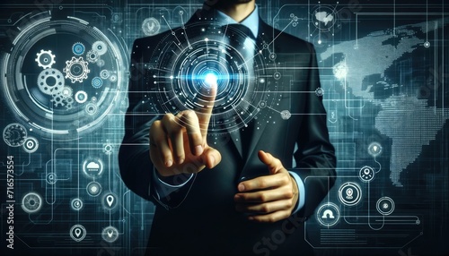 A businessman touches a high-tech holographic interface displaying gears and data analytics, symbolizing modern business solutions.