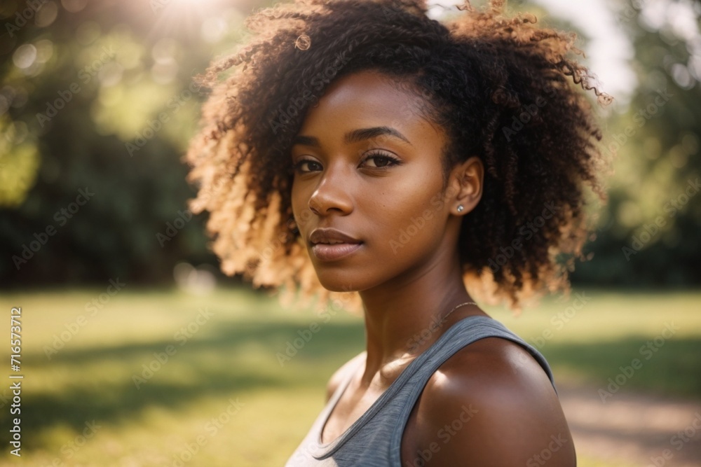 Close-up of young black woman in sunlit park background Close-up of young black woman in sunlit park background