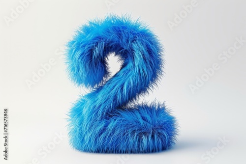 Cute blue number 2 or two as fur shape, short hair, white background, 3D illusion, storybook style