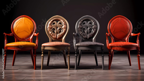 A group of four chairs with different colors and shapes on them photo