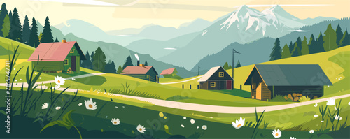 Banner, mountain house in spring, flat illustration vector, spring, mountains, mountain house, naive art, landscape illustration, detailed 2d illustration, flat illustration