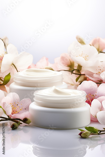 Cosmetic cream jars mockup on white background with spring flowers. Skin care product package design.