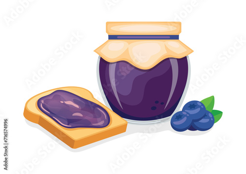 Toasted bread with blueberry jam vector illustration. Toast and blueberry jam breakfast still life vector. Jam jar with blueberries and slice of bread icon isolated on a white background