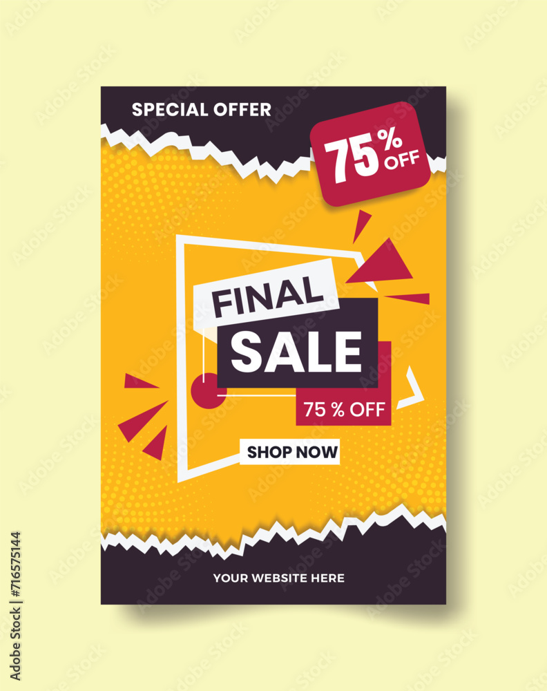 Sale promotion flat banner template with a yellow background and paper shape with a shadow.