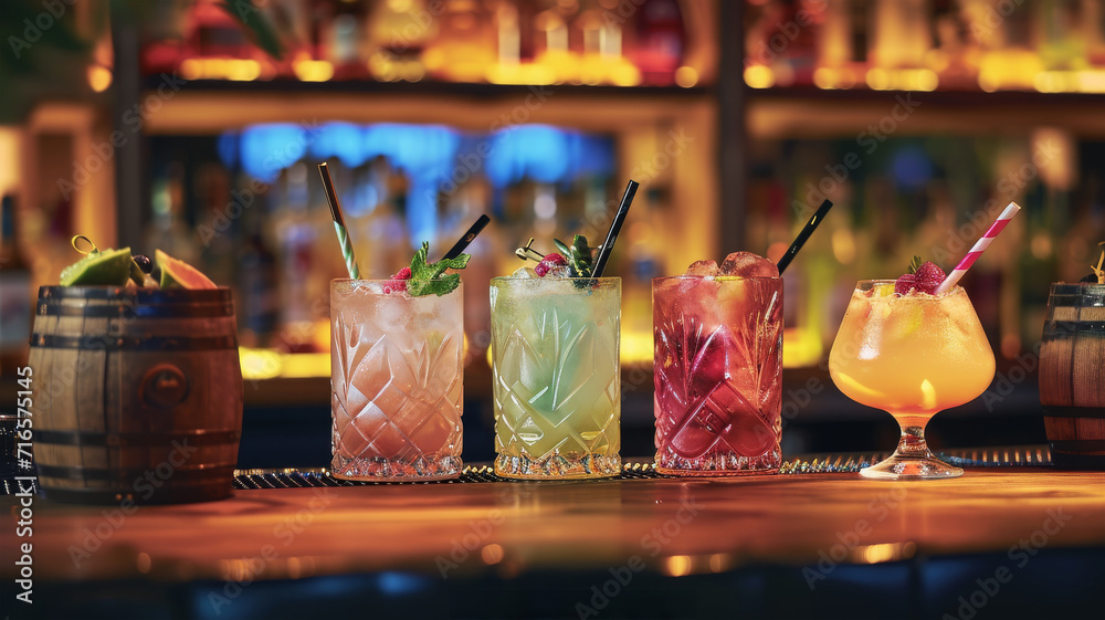Diverse Array of Artisanal Cocktails on Bar Counter Illuminated by Warm Ambient Light - Celebratory, Inviting, and Trendy Beverage Selection Diverse Array of Artisanal Cocktails on Bar Counter Illuminated by Warm Ambient Light - Celebratory, Inviting, and Trendy Beverage Selection