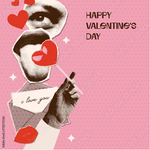 Happy Valentine Day with Retro Candy Lollipop, tongue, mouth, eye, love letter and hand. Love Candy Vintage design. Vector halftone illustration
