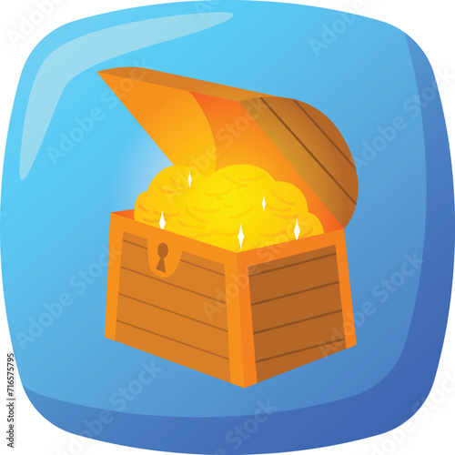 Open treasure chest filled with shiny gold coins. Riches and wealth concept, pirate loot box. Search for treasure and fantasy fortune vector illustration.