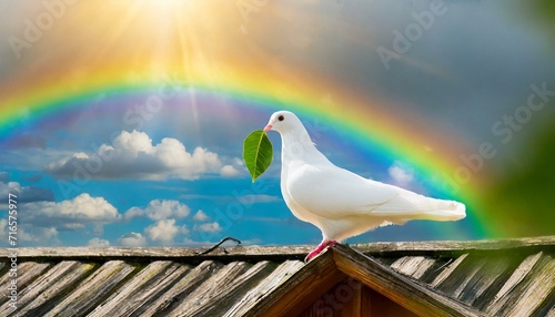 Peaceful Landing: White Dove with Olive Leaf on Noah's Ark Rooftop photo