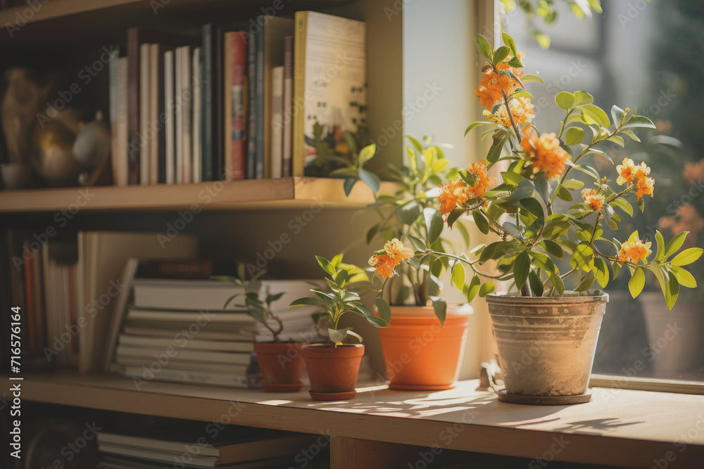 The morning sunlight shines on the potted plant by the window. The morning sunlight shines on the potted plant by the window.