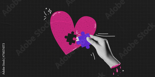 Puzzle heart in contemporary collage style. Abstract art vector illustration. ob black checkered background with paper texture. Durk popart composition. photo