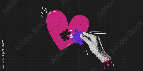 Puzzle heart in contemporary collage style. Abstract art vector illustration. ob black checkered background with paper texture. Durk popart composition.